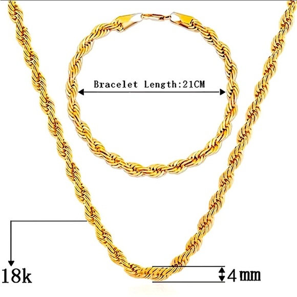 18K Gold Plated Rope Chain Link Necklace Matching Bracelet Set - Picture 5 of 5